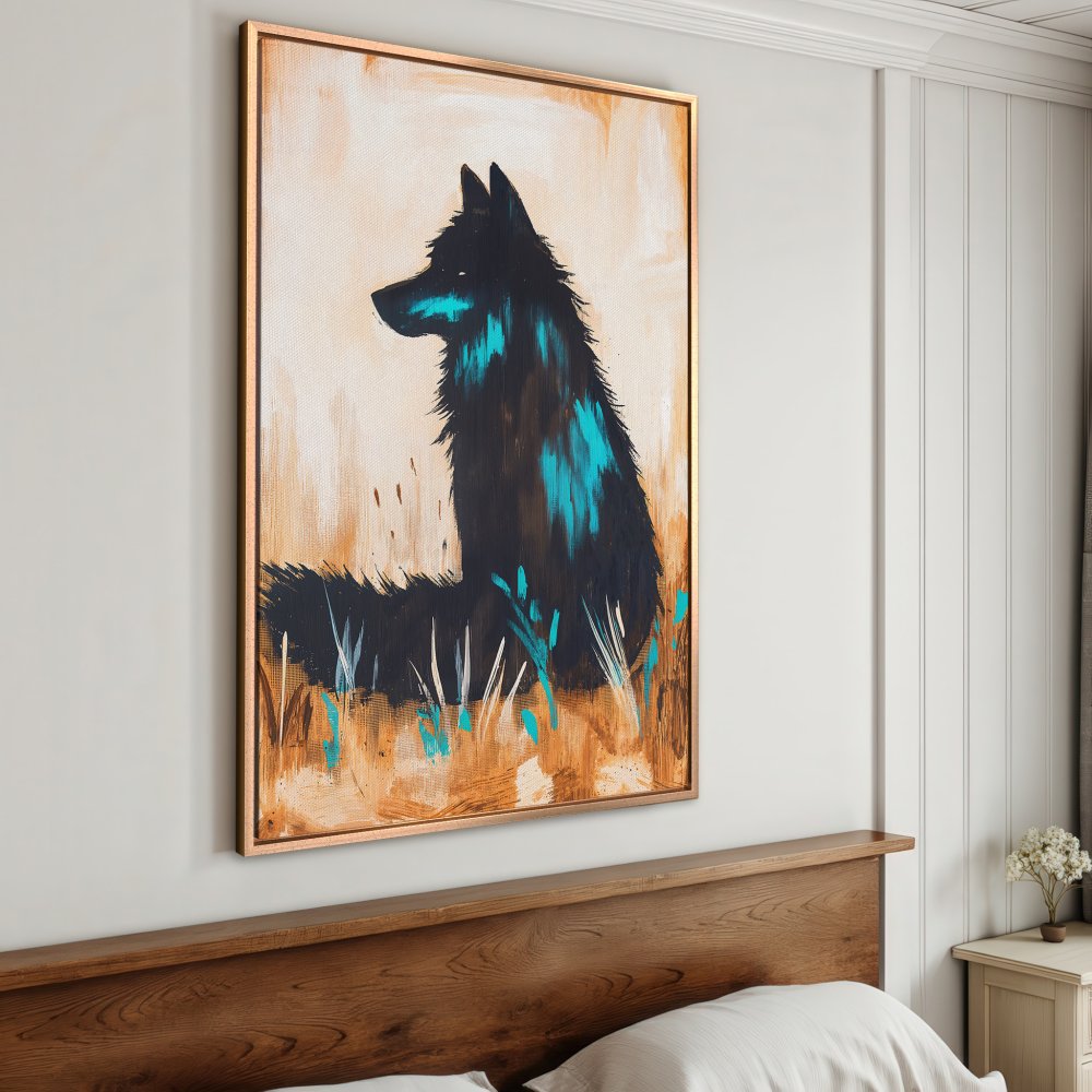 Framed Wall Art featuring a striking wolf painting with a teal and brown color palette. Add this Canvas Print to your wall decor today!