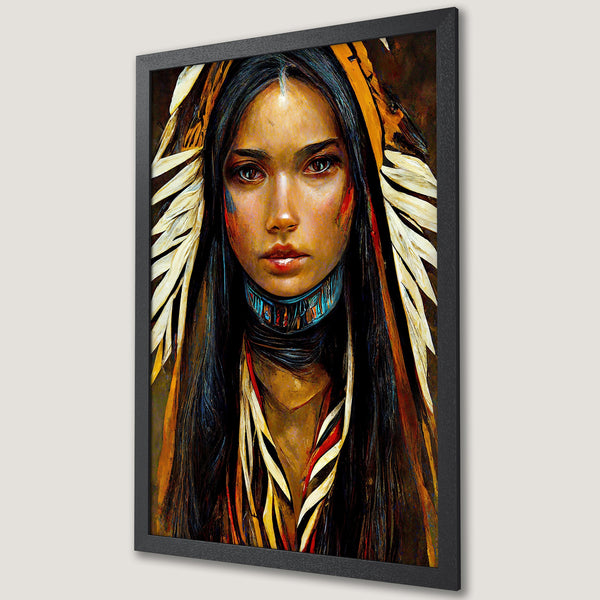 Framed Poster featuring a Native American woman in a vibrant, painterly style with a warm, earthy color palette.