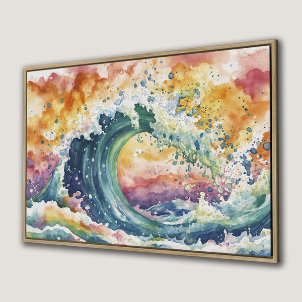 Framed Wall Art: Watercolor wave print with vibrant blues, greens, and oranges. Add a splash of coastal art to your home decor!
