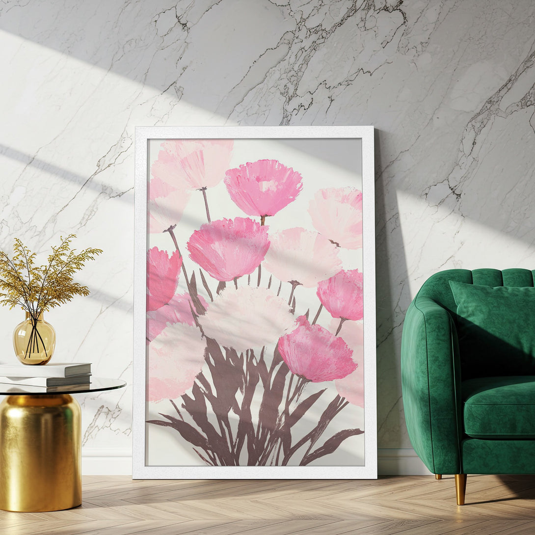 Framed Poster featuring pink floral art in a modern, painterly style. Soft pink and white color palette, perfect for home decor.