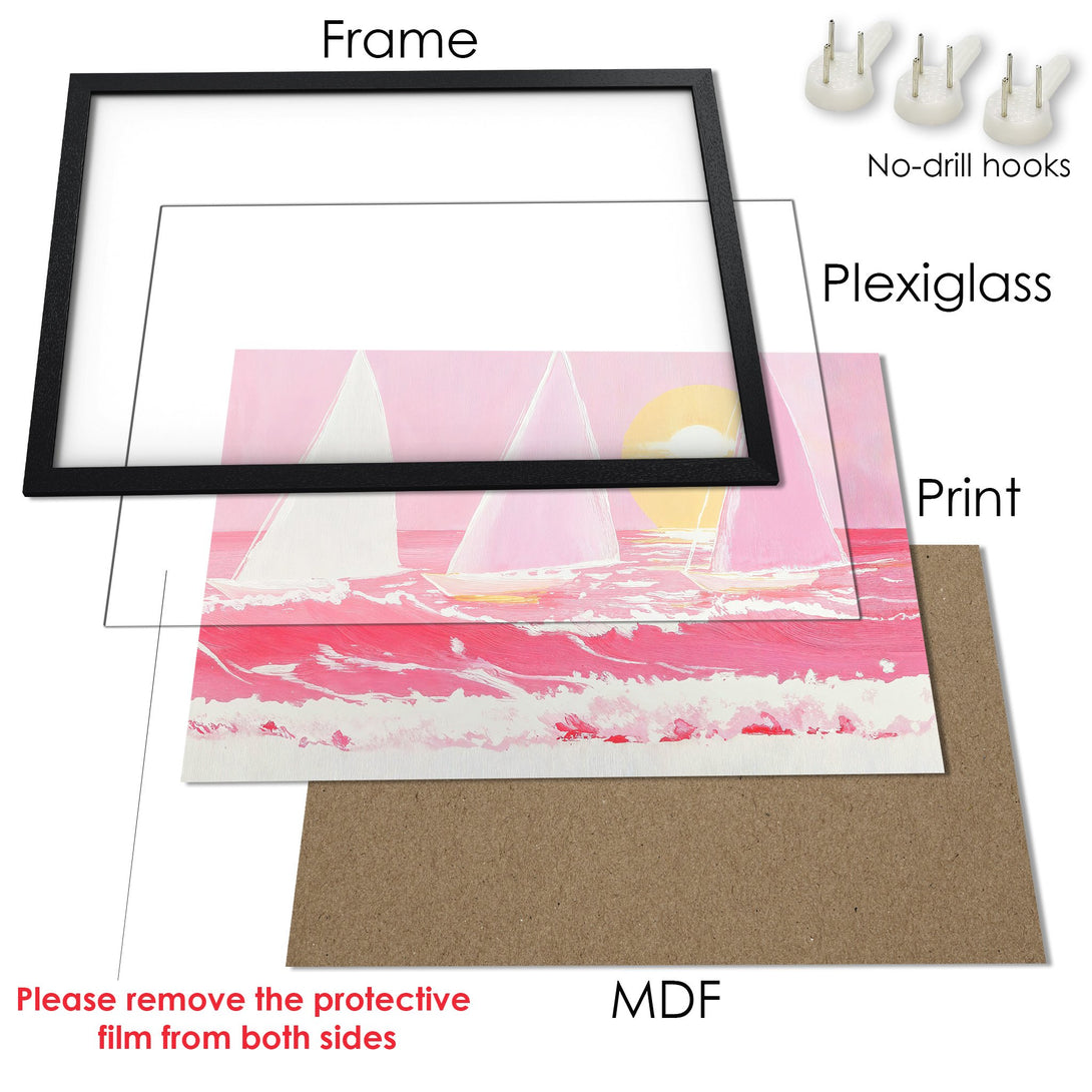 Framed Poster of sailboats in a pink and white abstract style, ready to hang. Perfect wall art!