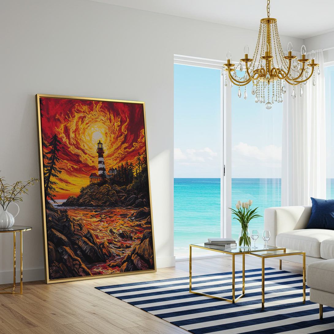 Canvas Print of a lighthouse painting in vibrant red and yellow hues. Coastal art adds warmth and style to any living space.