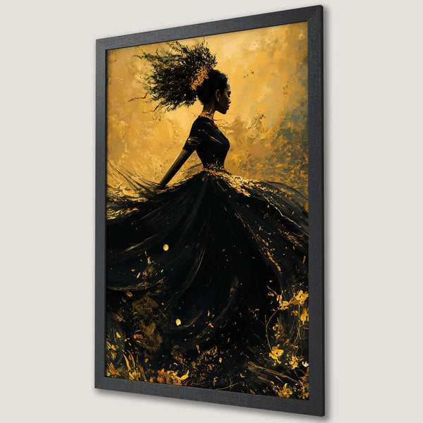Framed Poster featuring a woman in a black dress, abstract style with gold and black color palette. Add elegance to your space!