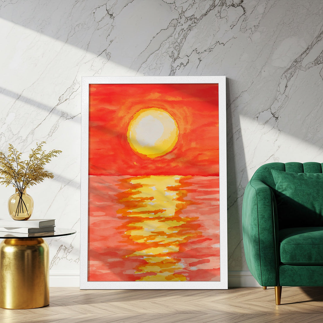 Framed Poster of a sunset in watercolor style. Warm red, orange, and yellow color palette. Perfect wall art for your home!