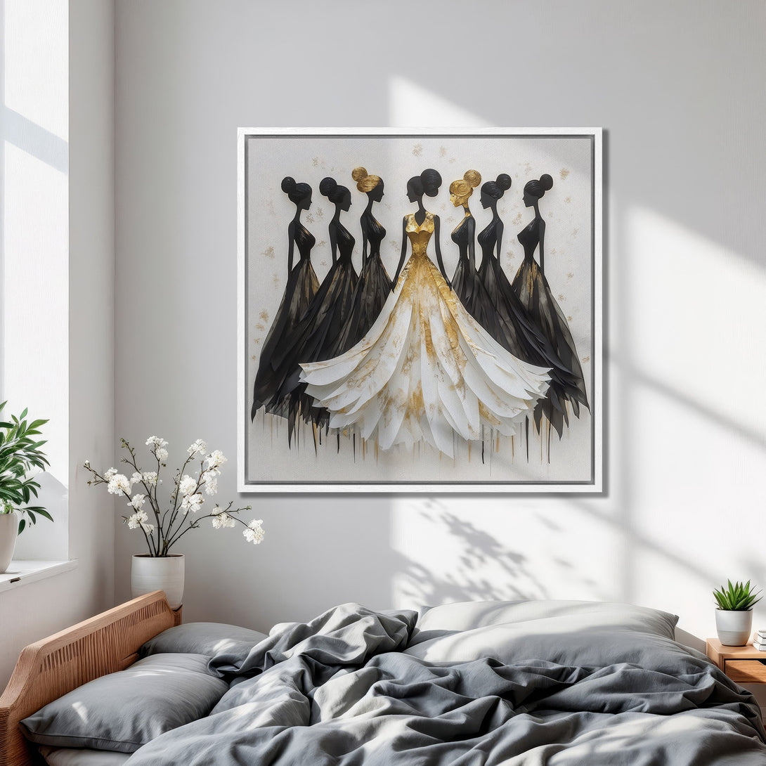 Framed Wall Art: Elegant figures in black, white, and gold. Modern art print adds sophistication to bedroom decor. Shop now for chic wall art!