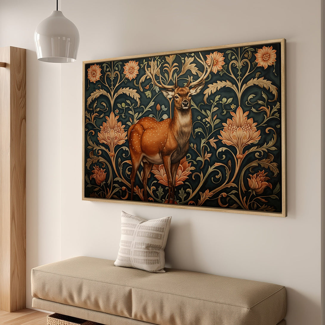 Framed Wall Art featuring a majestic deer with floral details in a vintage style. Dark teal and warm orange color palette. Perfect for home decor!