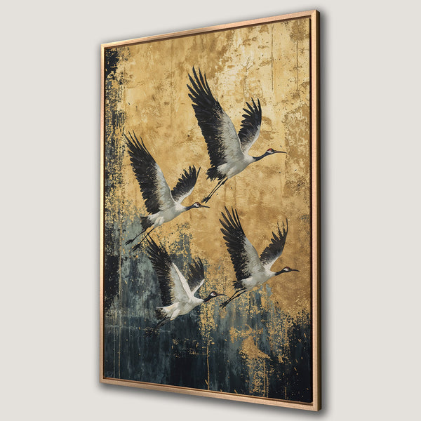 Framed Wall Art featuring elegant cranes in flight. Abstract style with gold, black, and white color palette. Perfect for modern home decor.