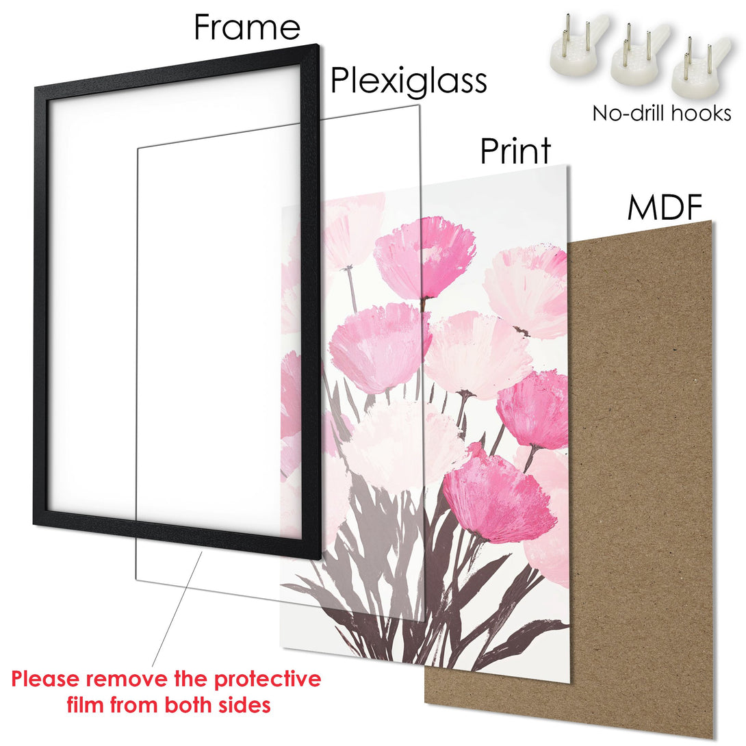 Framed Poster with pink floral art. Modern style, soft pink & gray tones. Perfect wall decor!