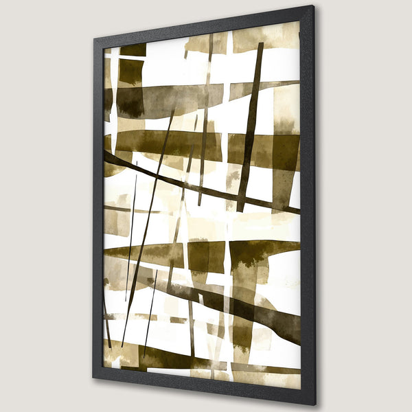 Framed Poster featuring abstract geometric art in a neutral palette of browns, whites, and blacks. Modern wall art for your home.