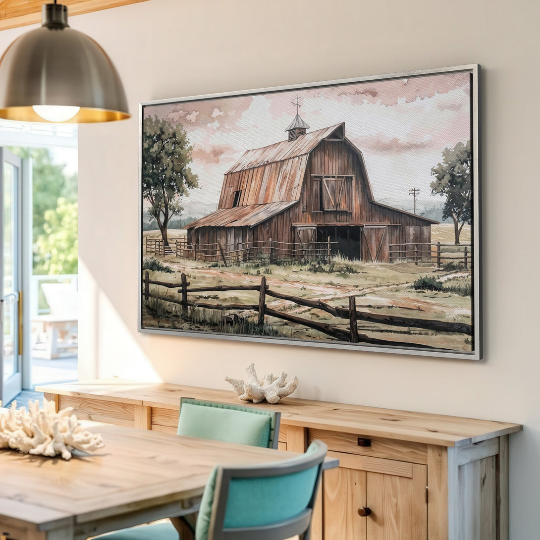 Framed Wall Art: Rustic barn Canvas Print in warm earth tones. Farmhouse style artwork with a neutral color palette, perfect for your home decor.