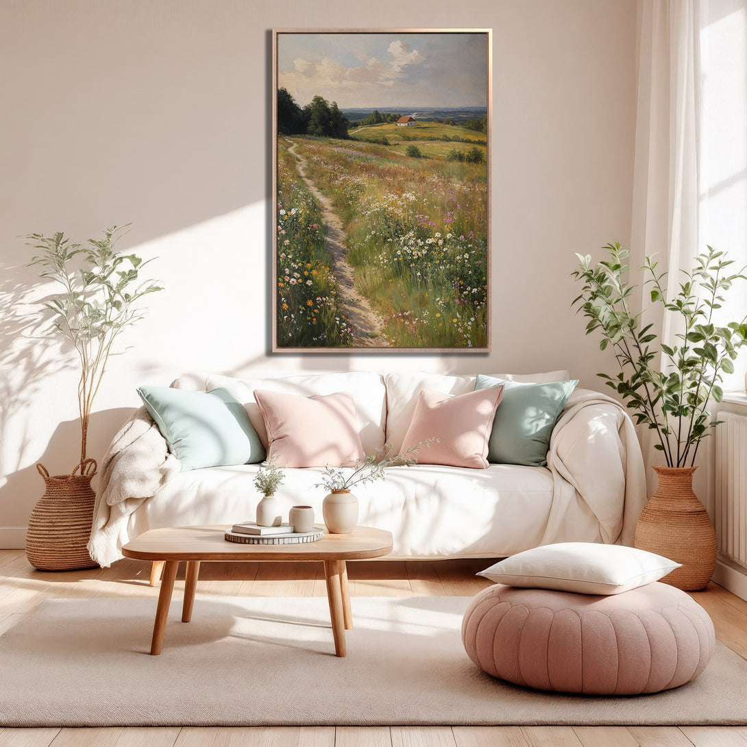 Framed Wall Art: Landscape Canvas Print with a serene path through a field, soft pastel color palette, perfect for adding a touch of nature to your home.