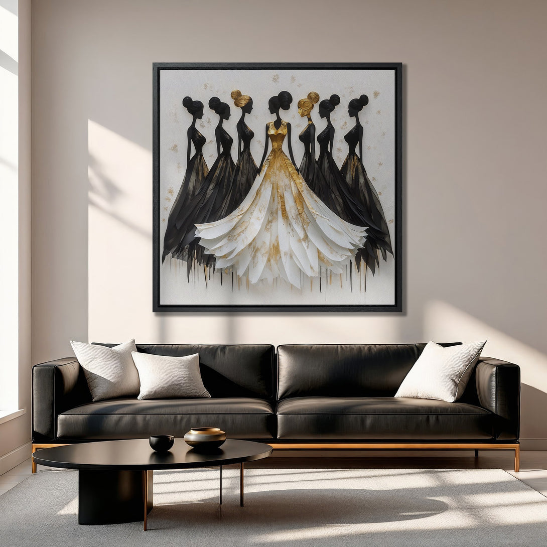 Framed Wall Art: Abstract art print of elegant women in black and gold gowns. Modern decor with neutral color palette. Elevate your space with this stunning piece.
