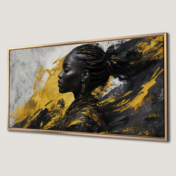 Framed Wall Art: Abstract portrait of a woman in black & gold. Modern canvas art with a striking color palette. Add elegance to your home!