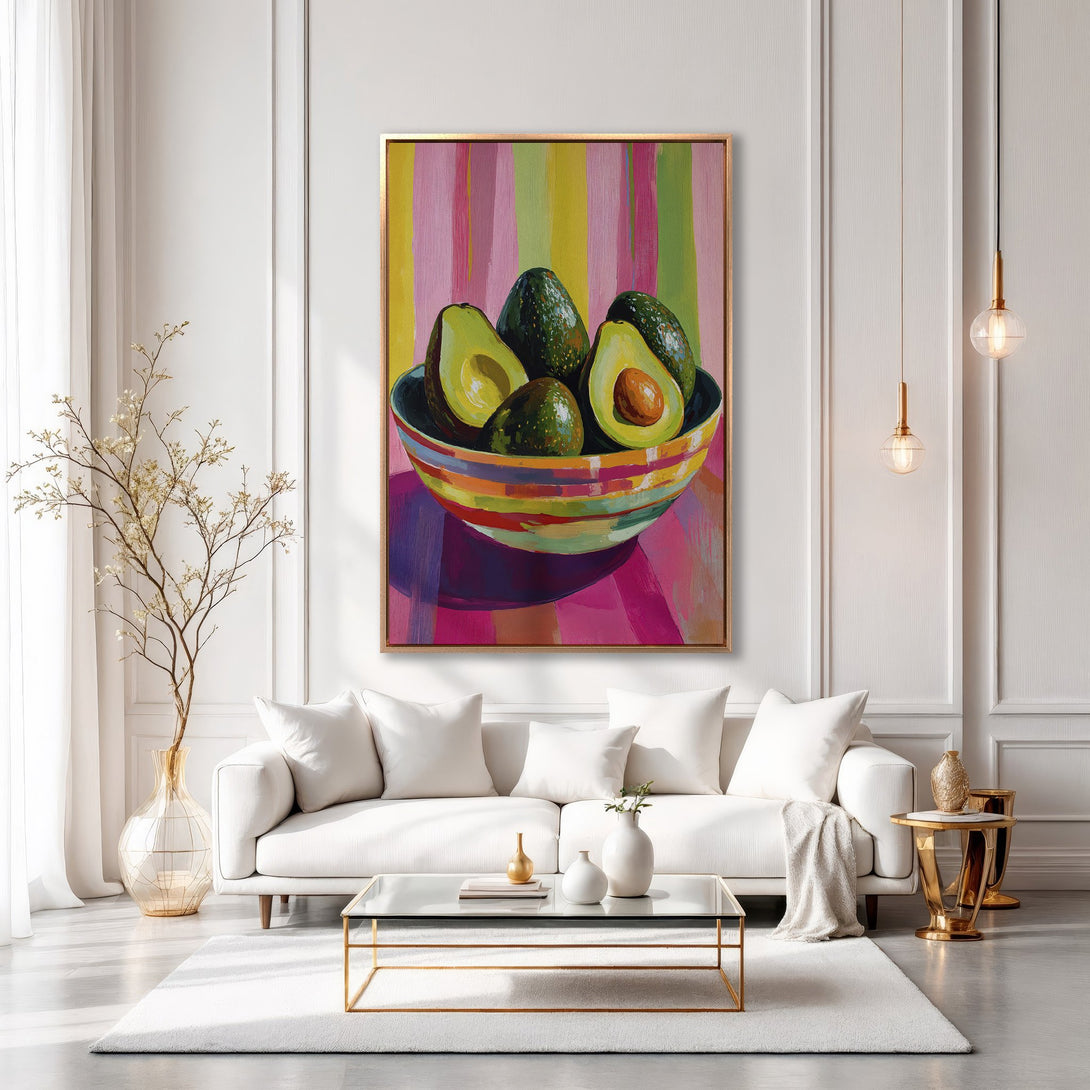 Framed Wall Art: Vibrant avocado still life painting with colorful stripes. Adds a pop of color to any interior. Perfect for kitchen or dining room decor.