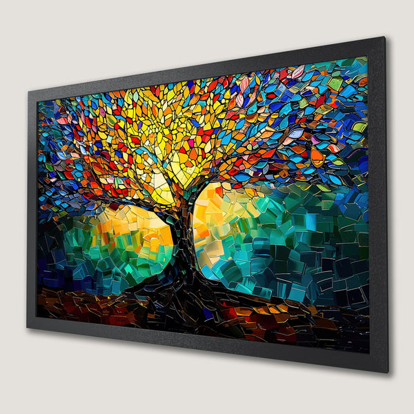 Framed Poster of a vibrant mosaic tree art print. Rich color palette of yellow, orange, blue, and green. Add art to your walls!