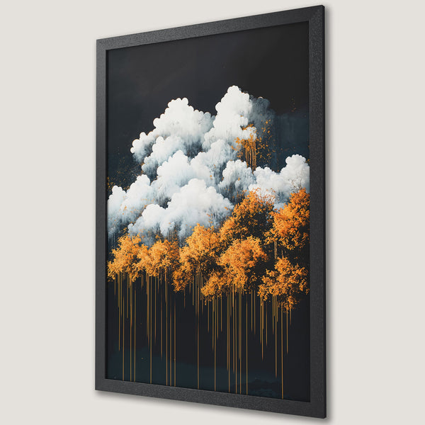 Framed Poster featuring abstract landscape art with white clouds, golden trees, and a dark color palette. Add a touch of nature to your home!