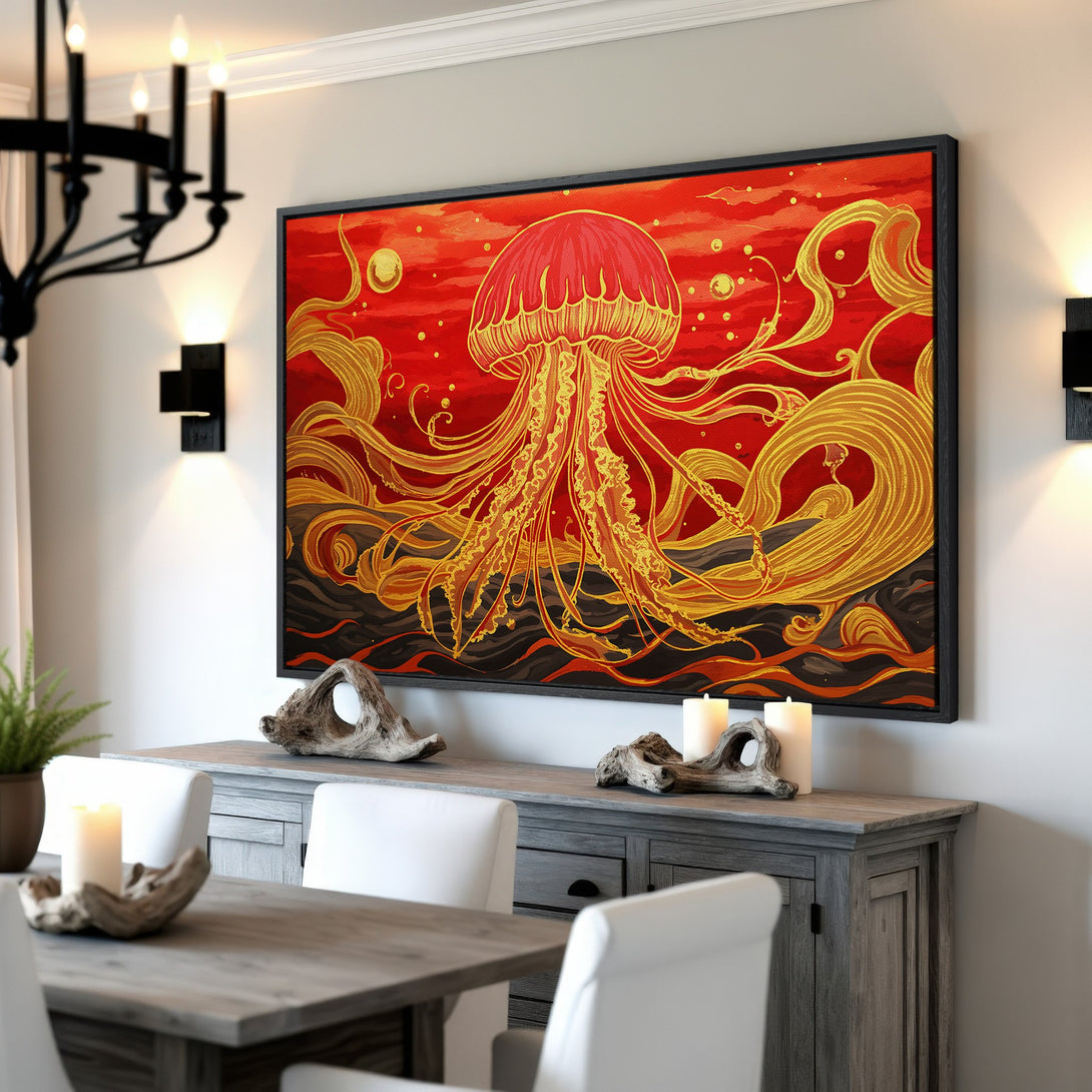 Framed Wall Art of a jellyfish in a vibrant red and gold color palette. Modern art style perfect for home decor.