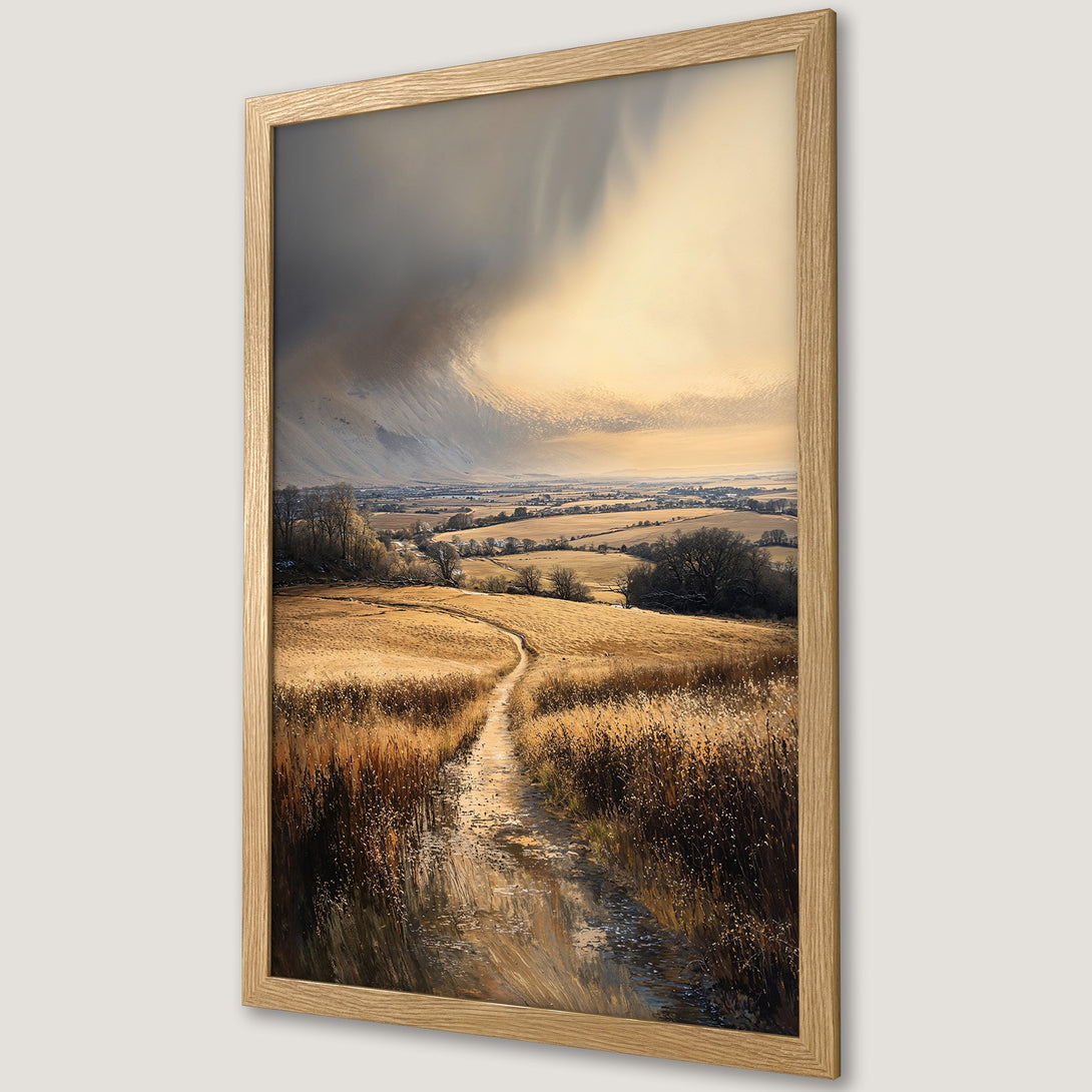 Framed Poster of a serene landscape painting with warm golden hues and a path. Perfect wall art for home decor.