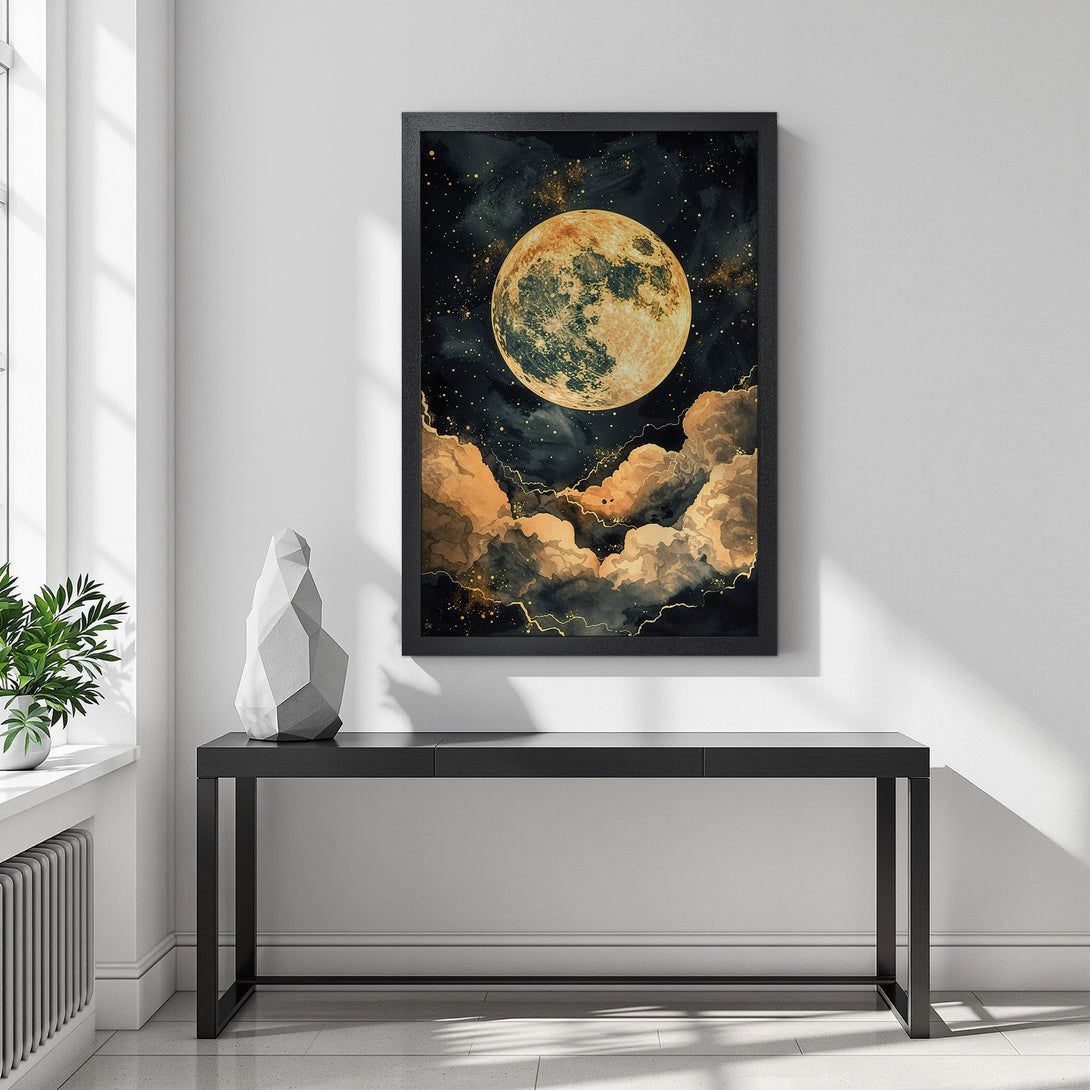 Framed Poster featuring a celestial moon & cloudscape art print in a dark, gold, and neutral color palette. Enhance your space!