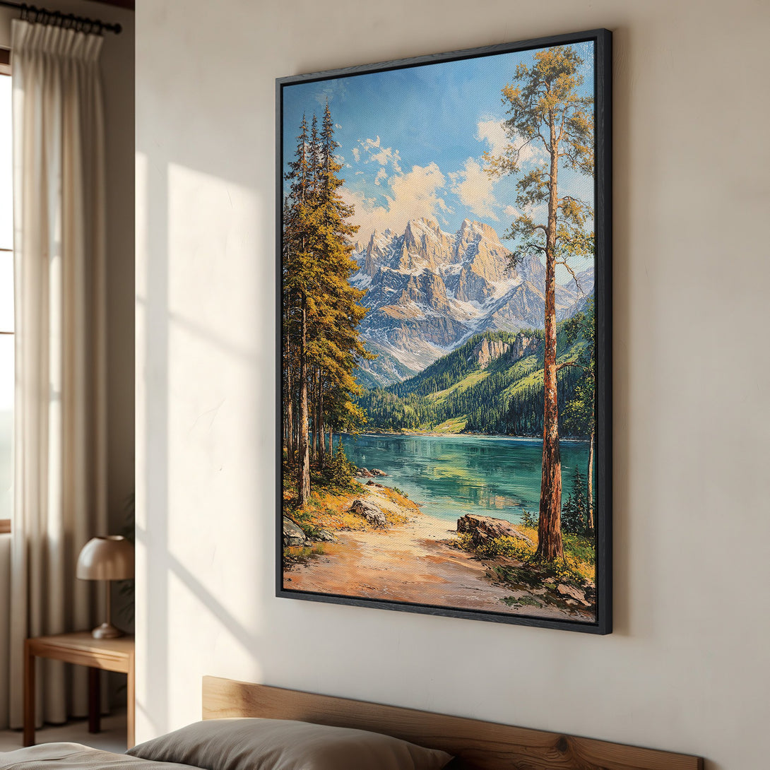 Framed Wall Art Canvas Print: Stunning mountain lake landscape painting in blues, greens, and golds. Add serene beauty to your home decor!