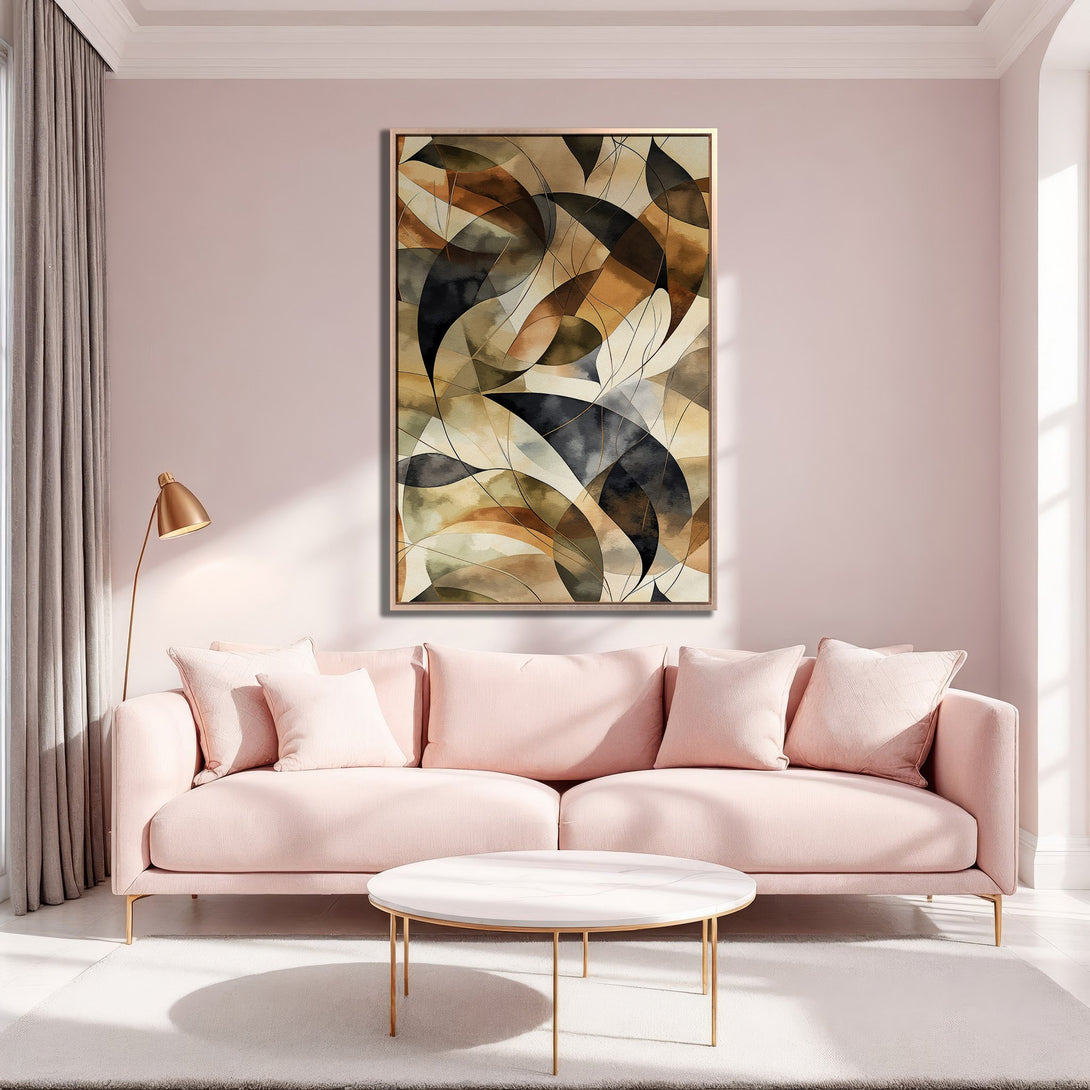Framed Wall Art featuring an abstract leaf design in a warm, earthy color palette. Perfect for adding a touch of modern elegance to your living room.
