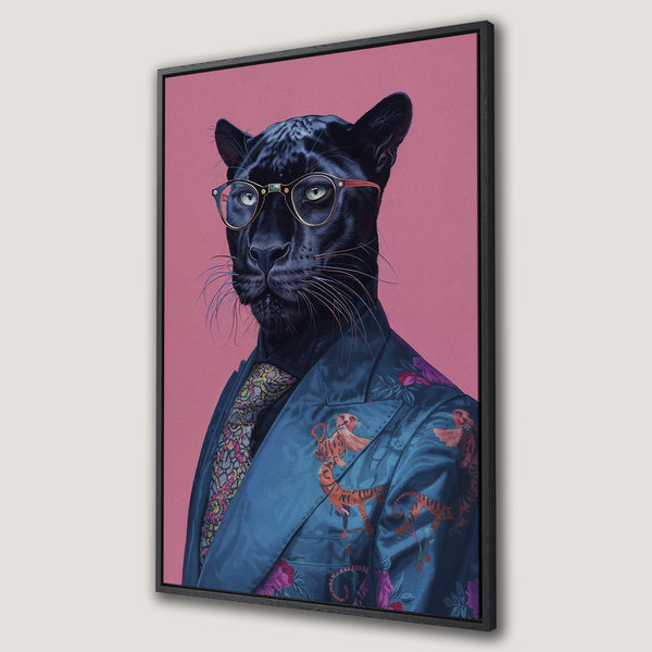 Framed Wall Art featuring a dapper panther in a suit, vibrant teal and pink color palette. Stylish and unique animal art for your home decor.