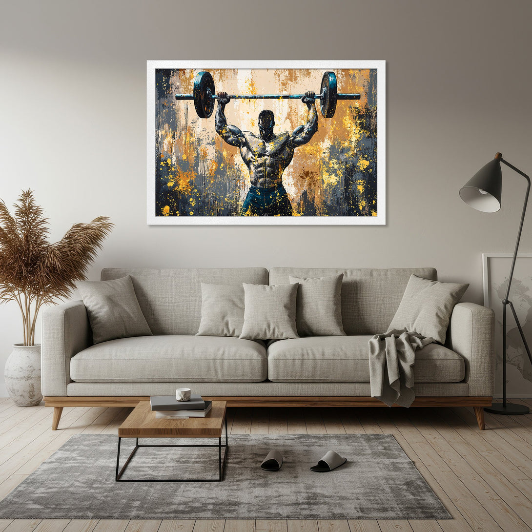 Framed Poster of a weightlifter, abstract style with gold, black, and blue colors. Elevate your space with this motivational art!