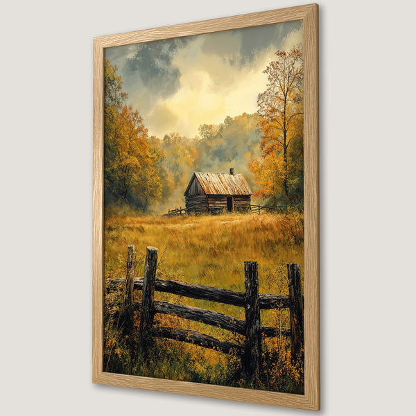 Framed Poster of a rustic cabin in a fall landscape. Warm, inviting color palette with golds, browns, and greens. Perfect wall art!