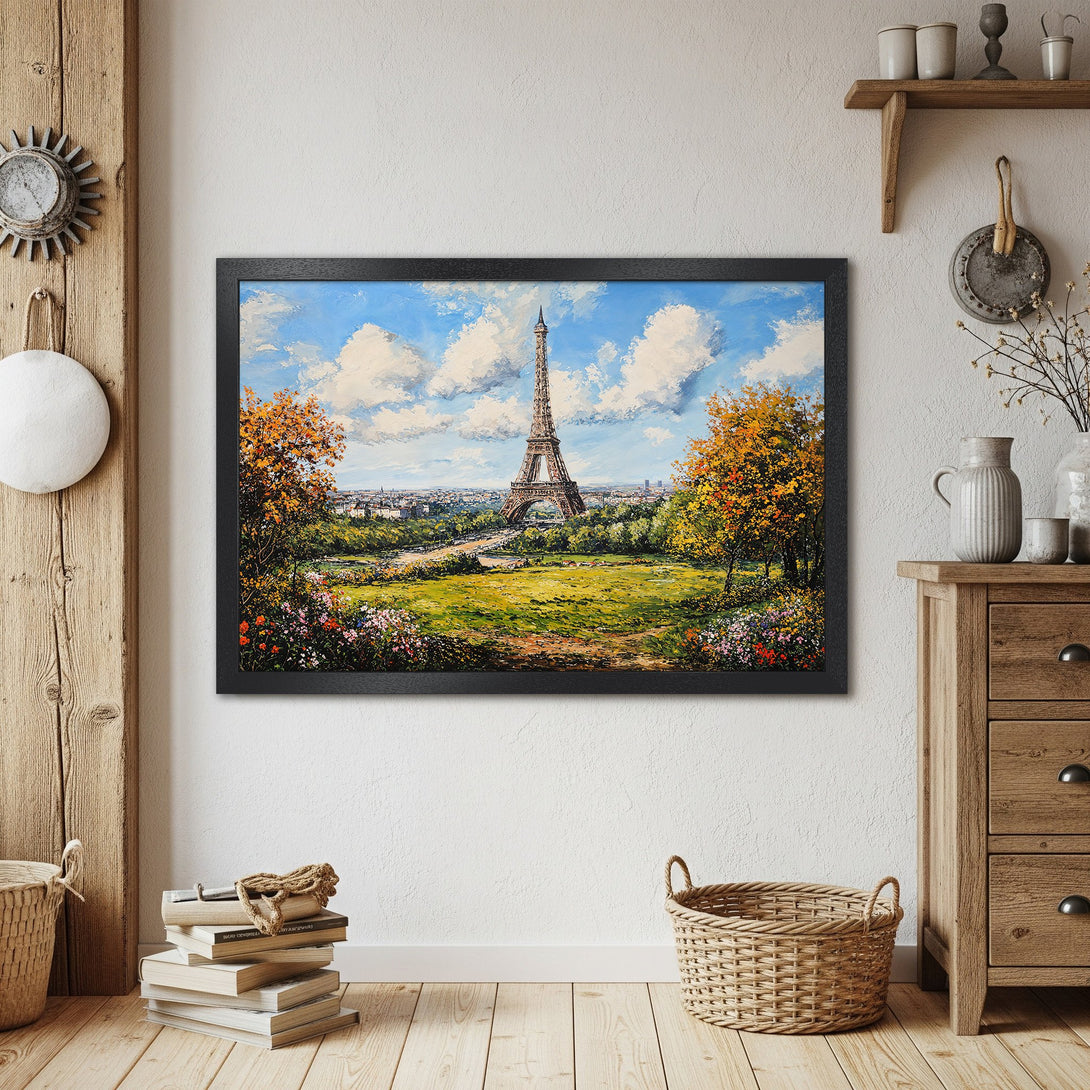 Framed Poster of Eiffel Tower painting. Impressionist style, vibrant blue sky, green landscape, and autumn colors. Perfect wall art.