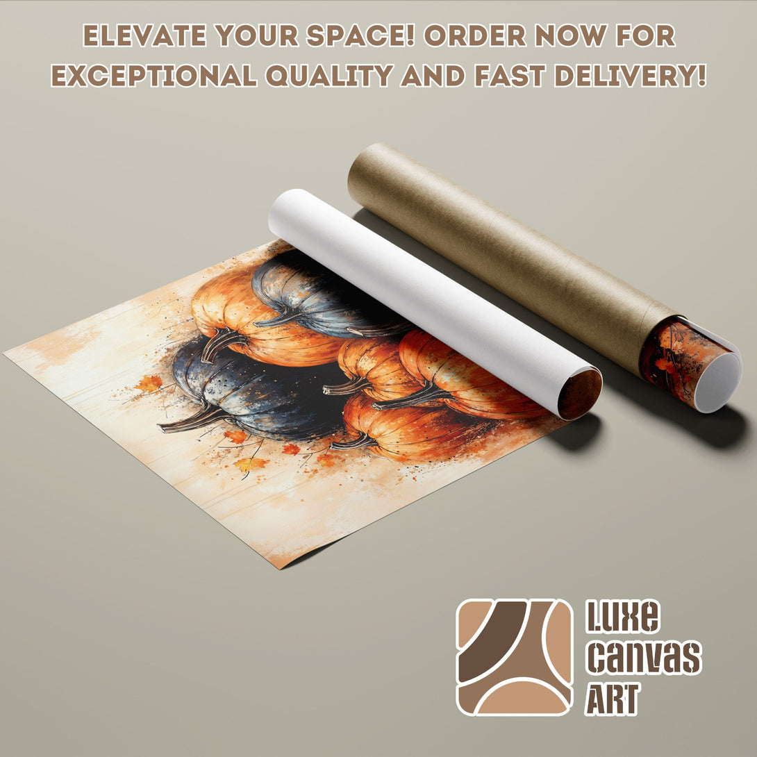 Pumpkin Poster Roll, watercolor style, warm orange and blue tones, perfect for fall decor.