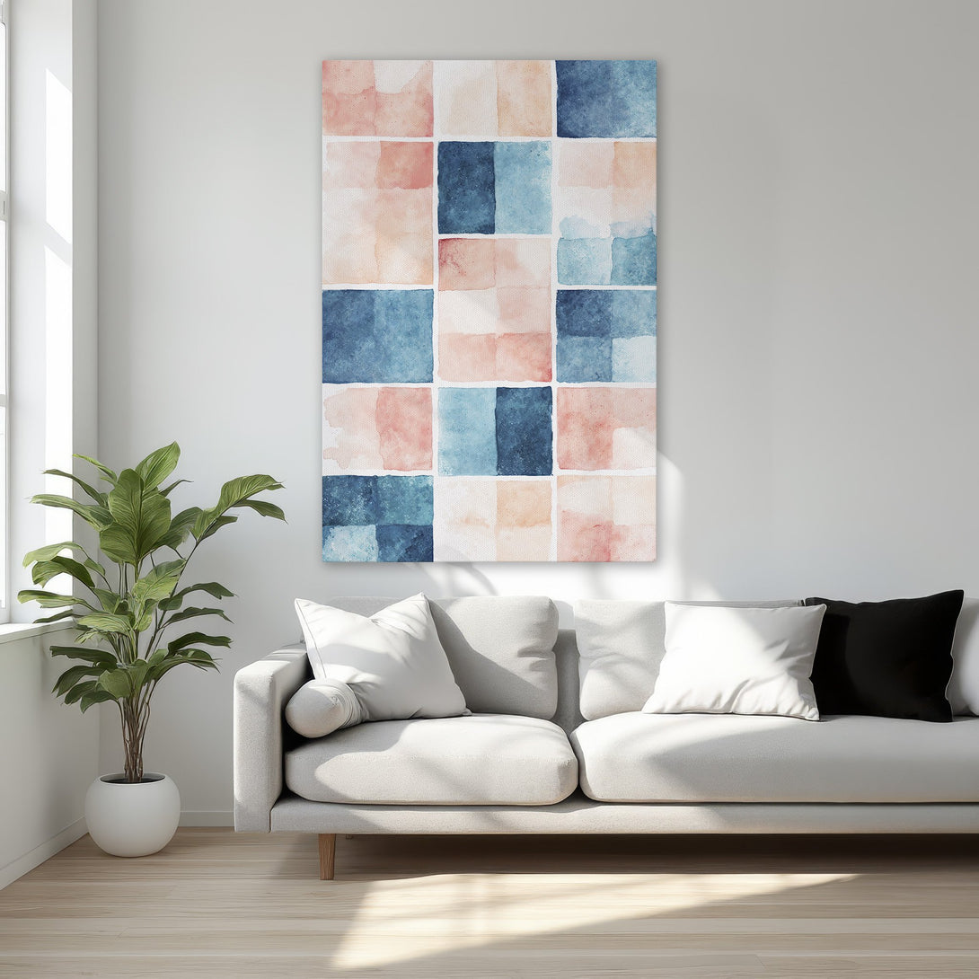 Framed Wall Art featuring a watercolor abstract design in blue and blush tones. Perfect for adding a touch of elegance to your bedroom decor.