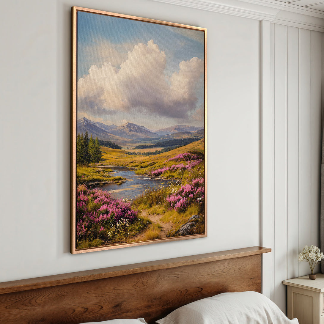 Framed Wall Art: Landscape Canvas Print with a serene mountain scene, featuring vibrant pink flowers and a warm, natural color palette. Perfect for any room!