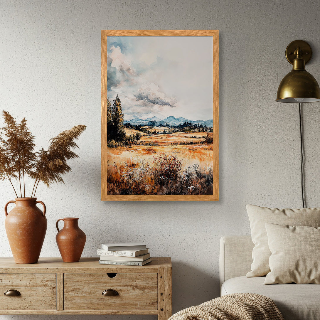 Framed Poster featuring a watercolor landscape in warm earth tones. Bring nature's beauty to your home with this stunning art print.