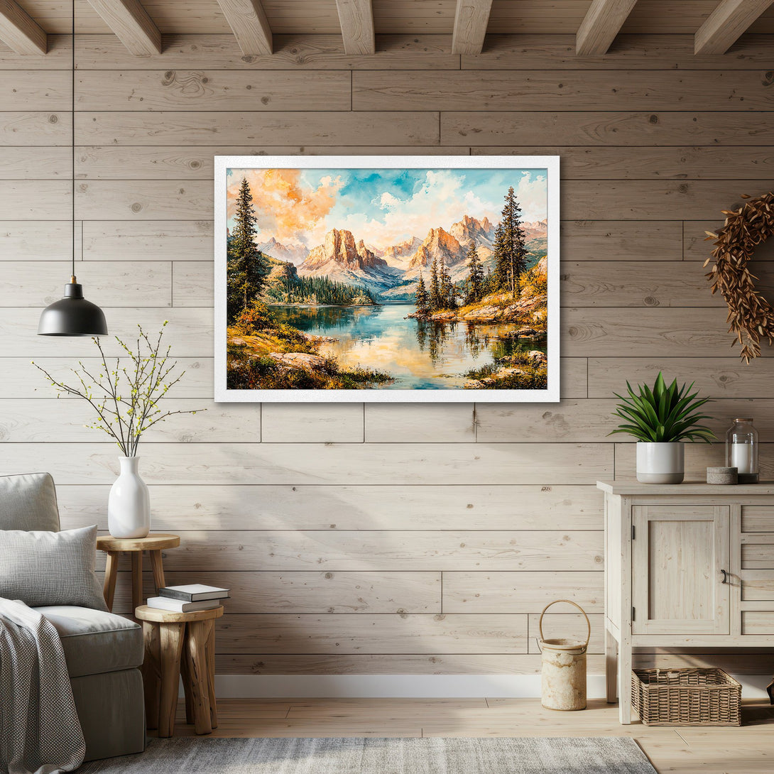 Framed Poster of a mountain lake landscape painting. Features warm colors and a serene, impressionistic style. Perfect wall art for any space!