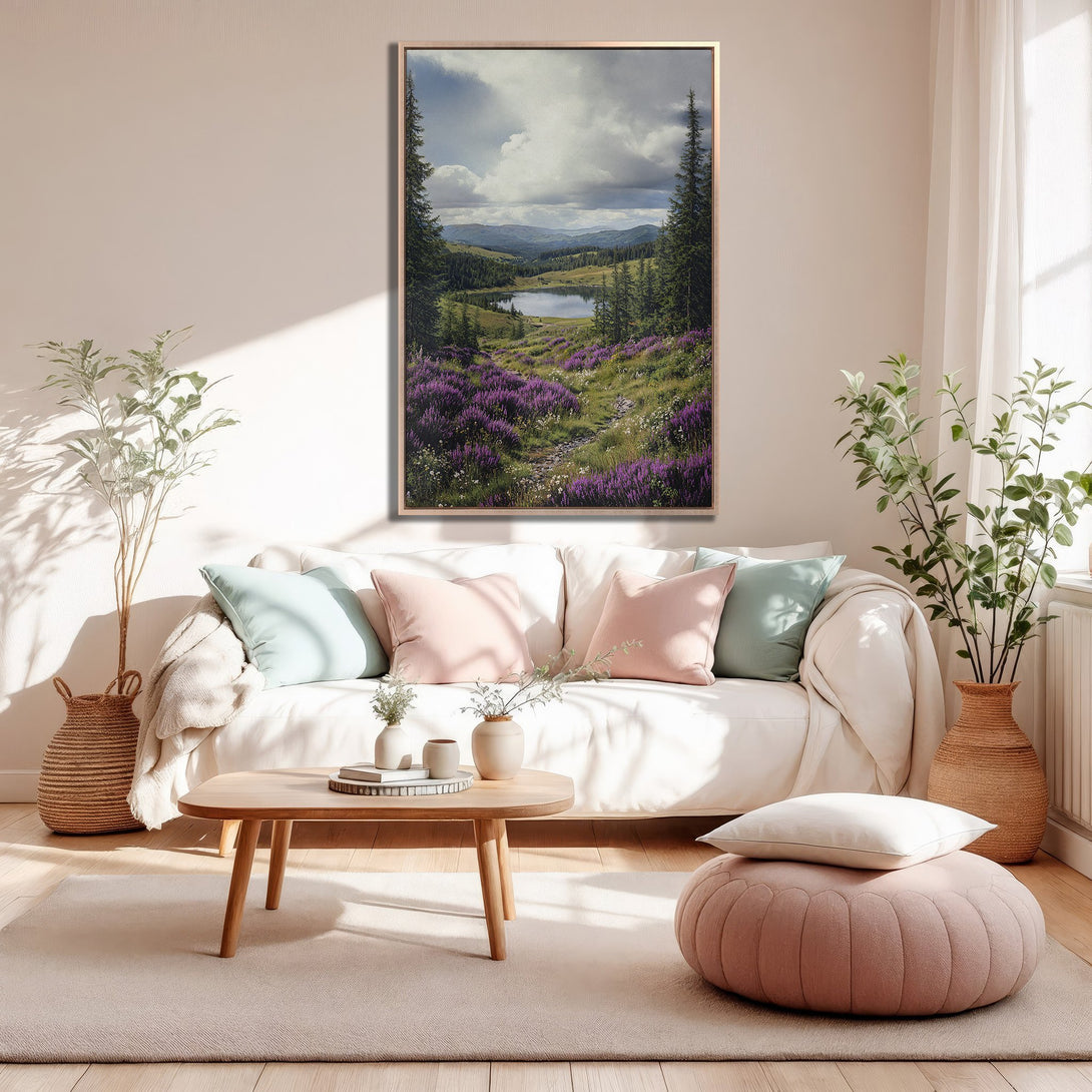 Framed Wall Art of a serene landscape with purple flowers, green trees, and a lake. Soft, neutral color palette perfect for any home.