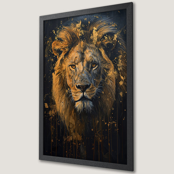 Framed Poster of a majestic lion, artistic style with gold and black color palette, perfect wall art.