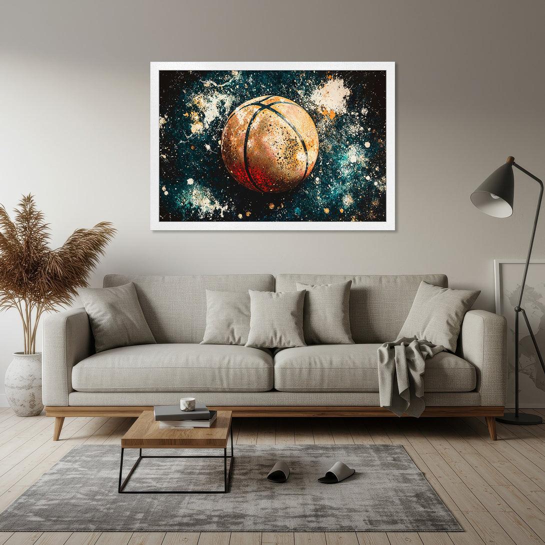 Framed Poster featuring a basketball in a modern, abstract style with a dark teal and orange color palette. Perfect wall art!