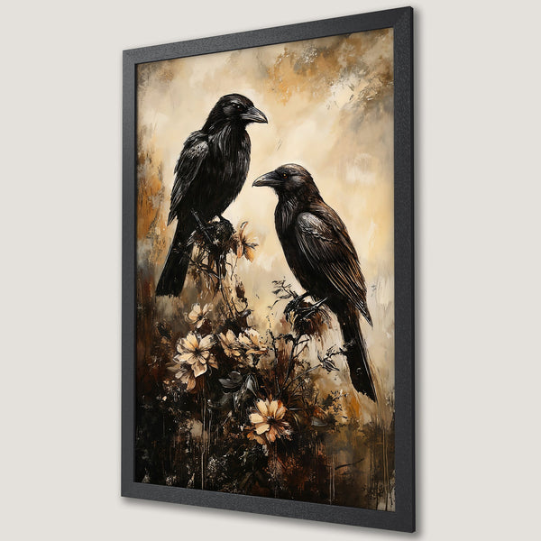 Framed Poster featuring two ravens, painted in a moody, abstract style with a warm, earthy color palette. Perfect wall art for any room!