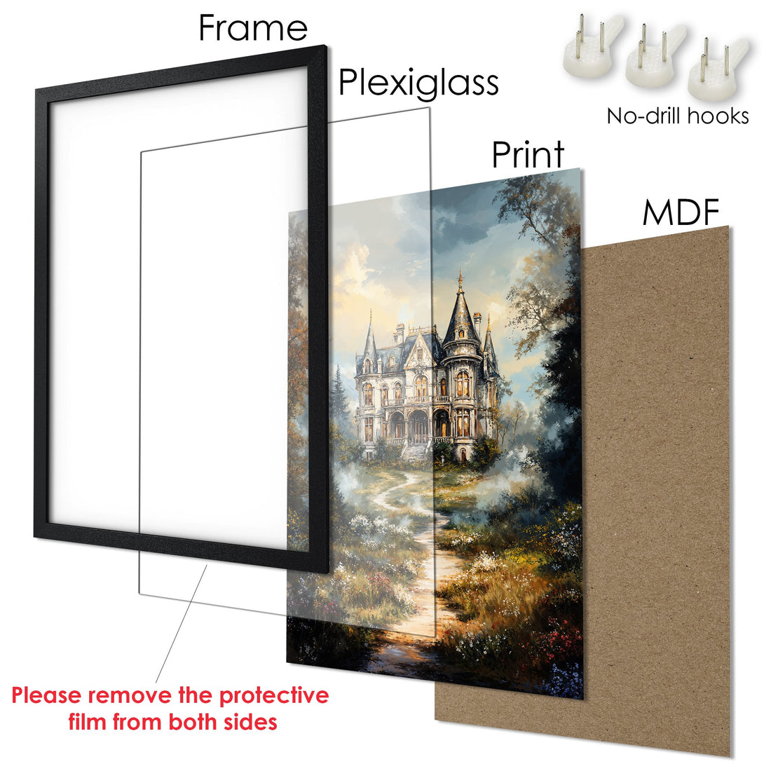 Framed Poster featuring a gothic manor in a painterly style with a warm, natural color palette. Perfect wall art for any space!