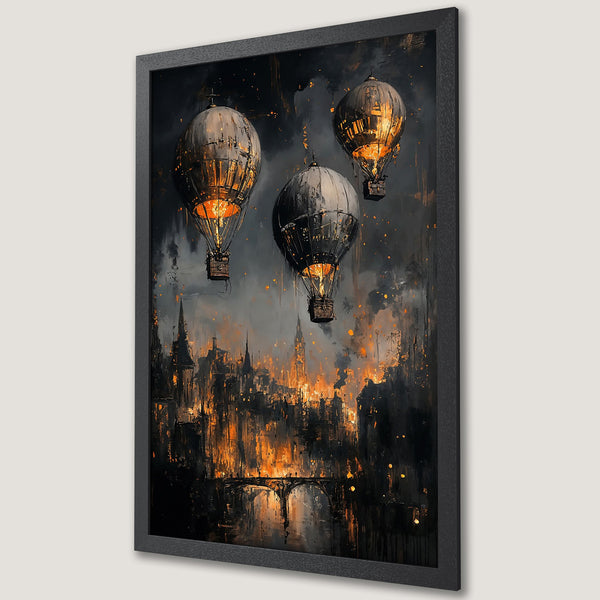 Framed Poster featuring steampunk hot air balloons over a city, with a dark, moody color palette of black, orange, and gold.