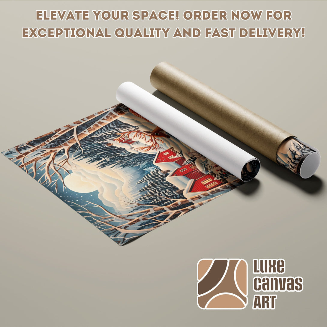 Poster Roll featuring a winter landscape art print with a red house, in a blue and brown palette.