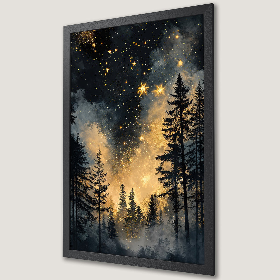 Framed Poster of a starry night forest scene. Featuring a mystical, dreamy style with a black, gold, and blue color palette. Perfect wall art.