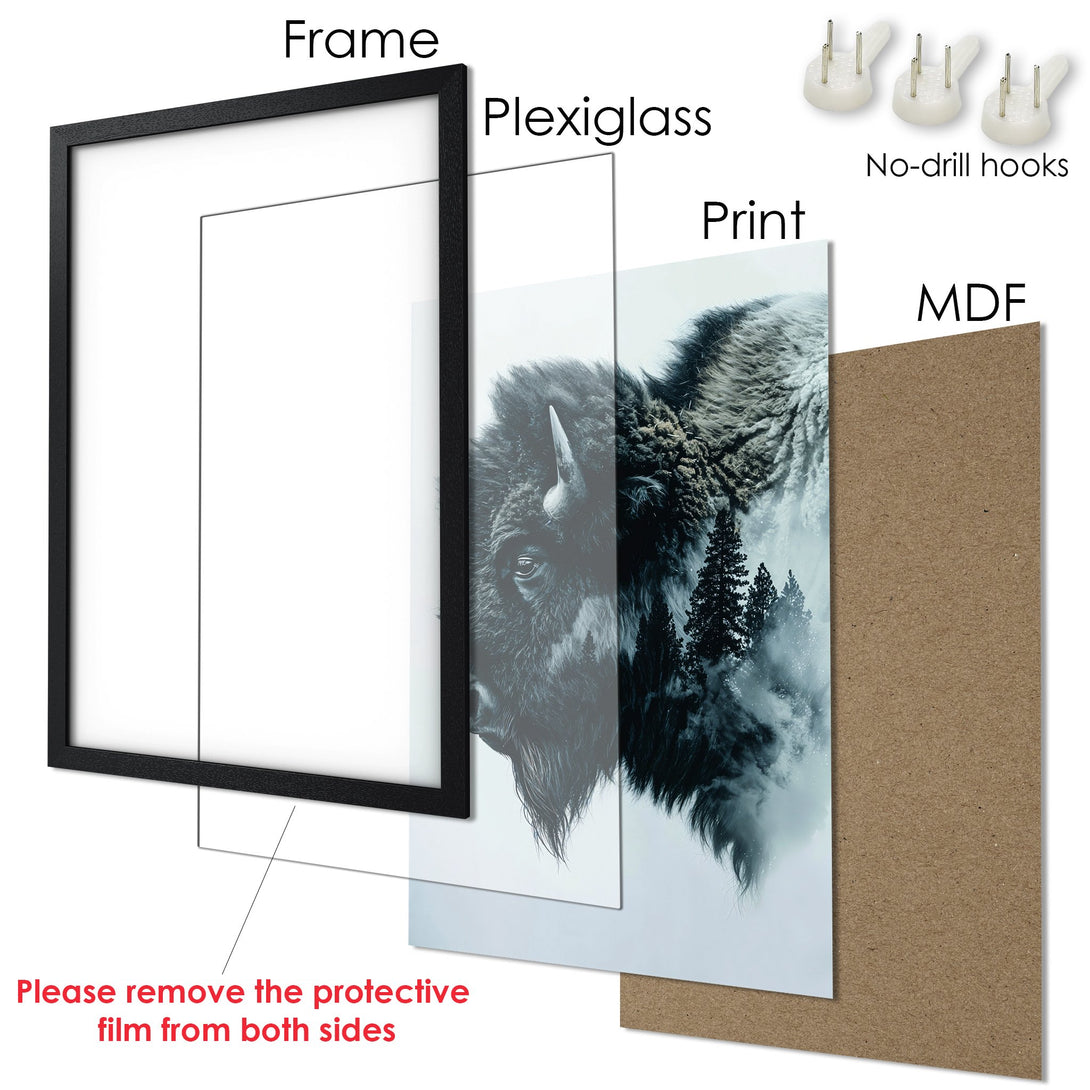 Framed Poster featuring a bison, in a monochrome style with a black and white color palette, ready to hang.