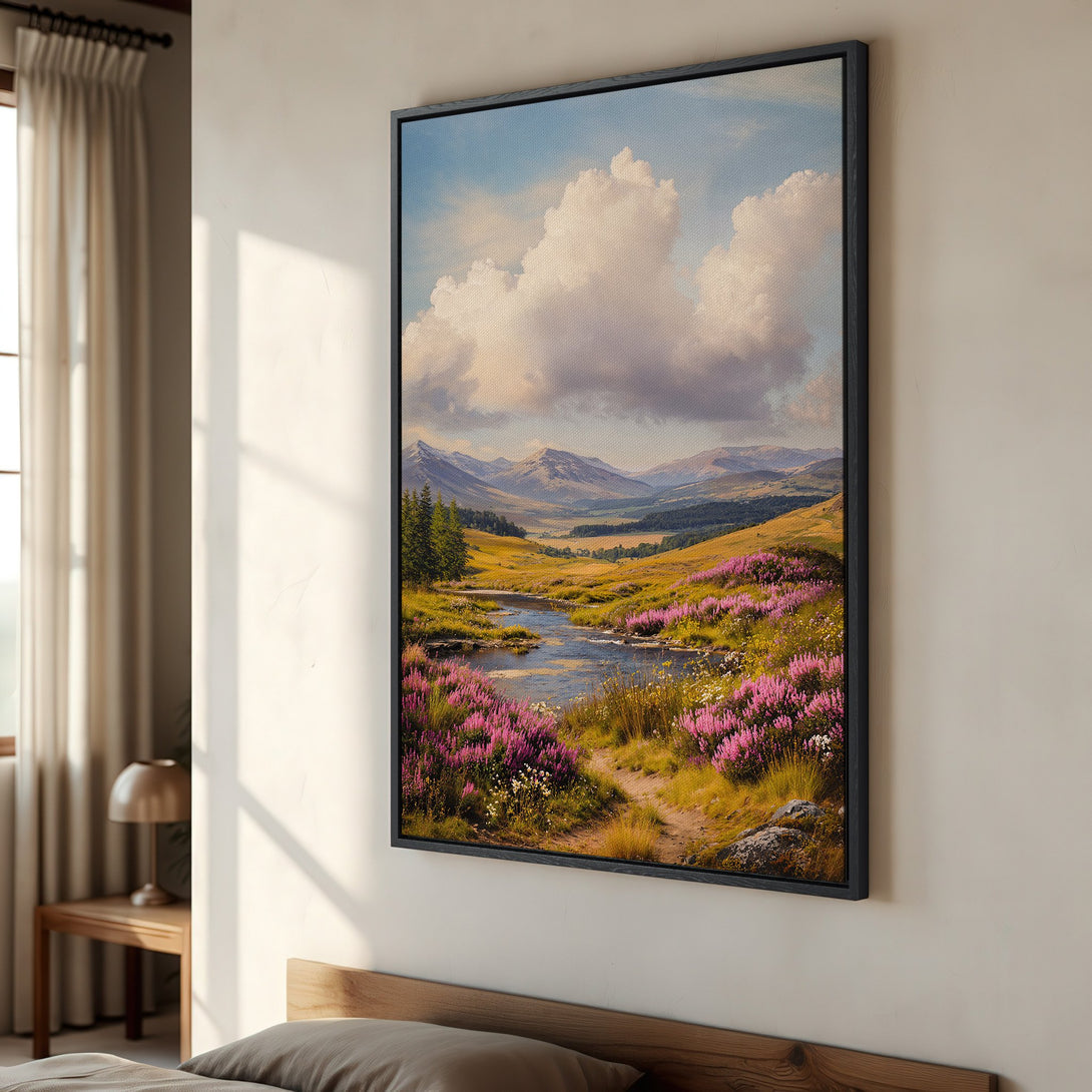 Framed Wall Art: Landscape Canvas Print with a serene mountain scene in a vintage style, featuring purple flowers and a warm, natural color palette.