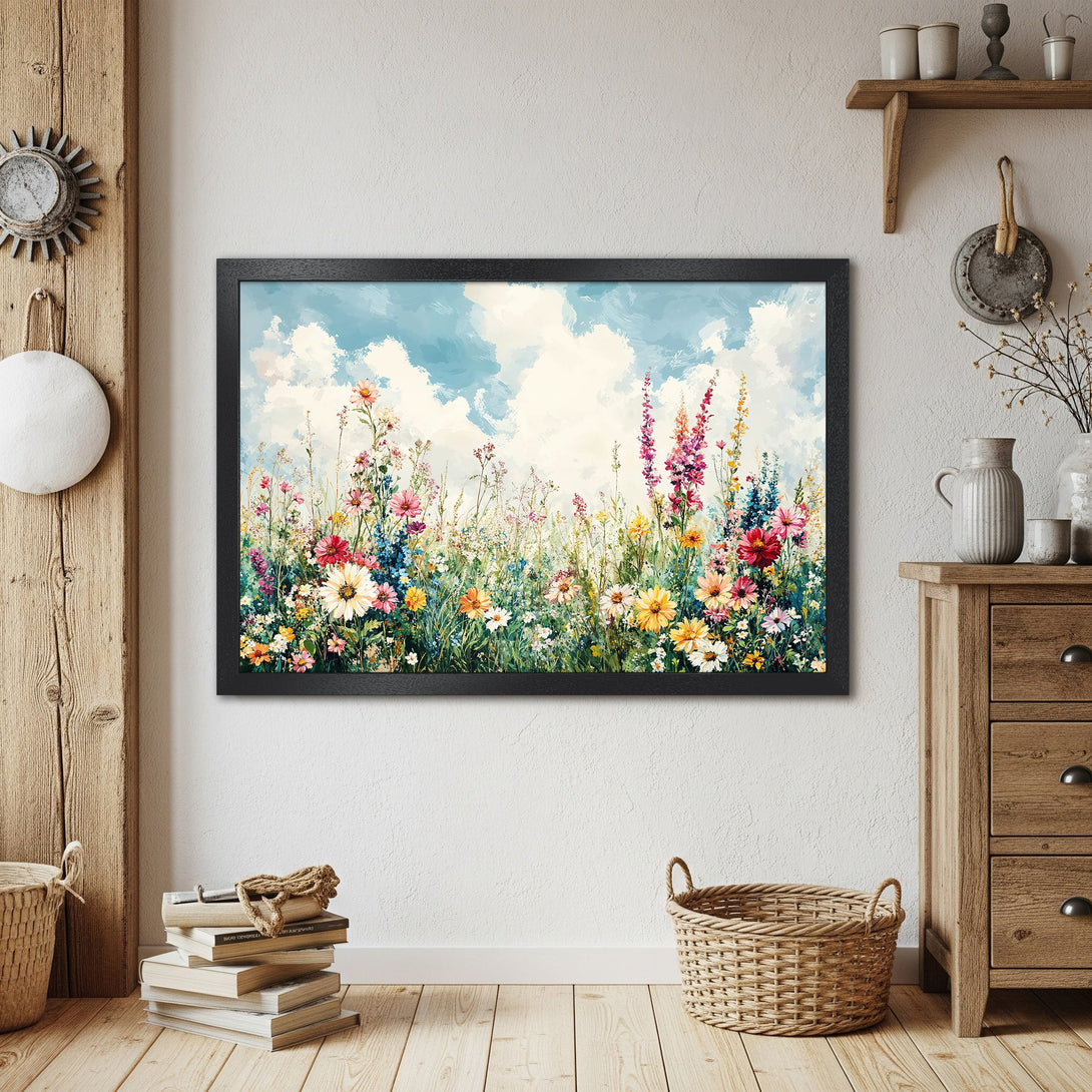 Framed Poster of a vibrant wildflower meadow painting. Impressionistic style with a colorful palette of blues, yellows, pinks, and greens.