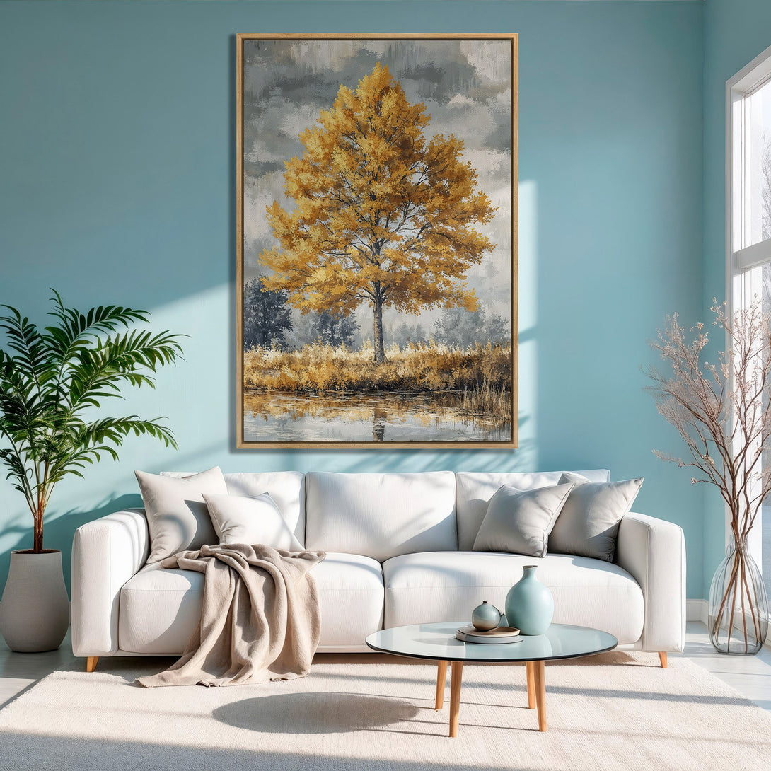 Framed Wall Art: Golden tree landscape canvas print in a modern living room. Earthy tones and a serene aesthetic for home decor.