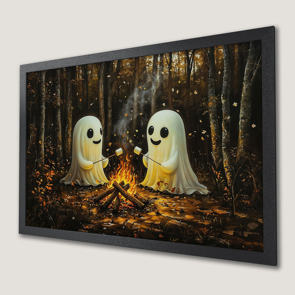 Framed Poster: Cute ghosts roasting marshmallows by a campfire in a forest, warm autumn tones. Perfect wall art!