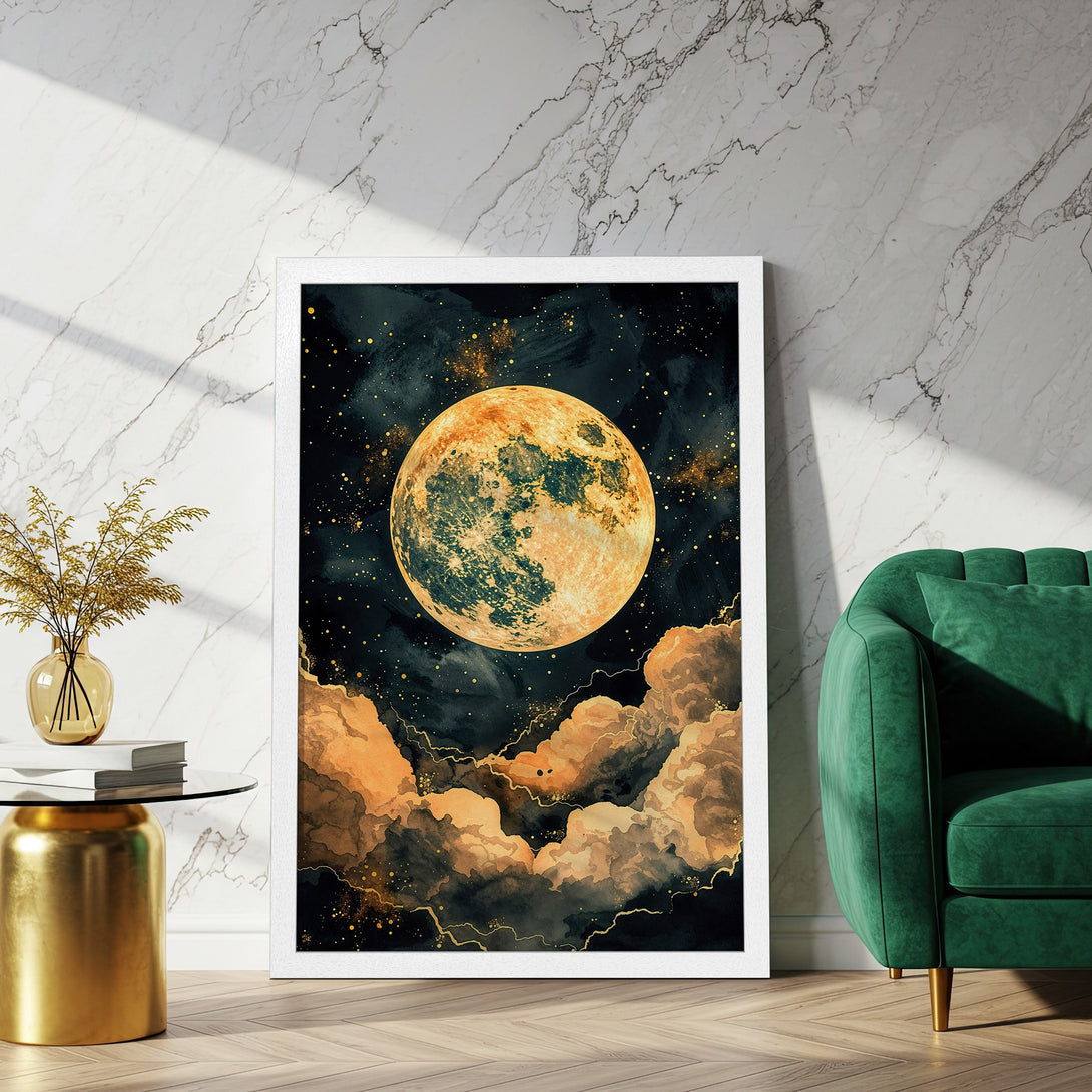 Framed Poster featuring a celestial moon and clouds in a watercolor style, with a dark, gold, and orange color palette. Perfect for home decor.