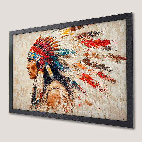Framed Poster of Native American Chief. Abstract style with vibrant colors on a neutral background. Perfect wall art!