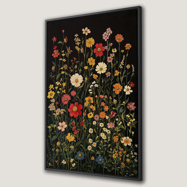 Framed Wall Art featuring vibrant wildflower illustration on black background. Botanical print with colorful blooms in a vintage style, perfect for home decor.